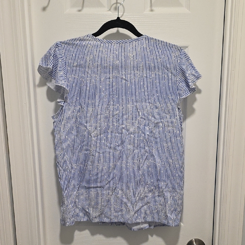 Grand & Greene, Blue and White Stripe Flutter Sleeve Button Down Shirt - Picture 4 of 13
